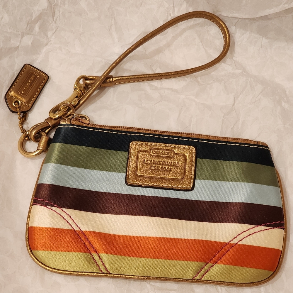 Coach Multicolor Striped Wristlet with Metallic Gold Trim